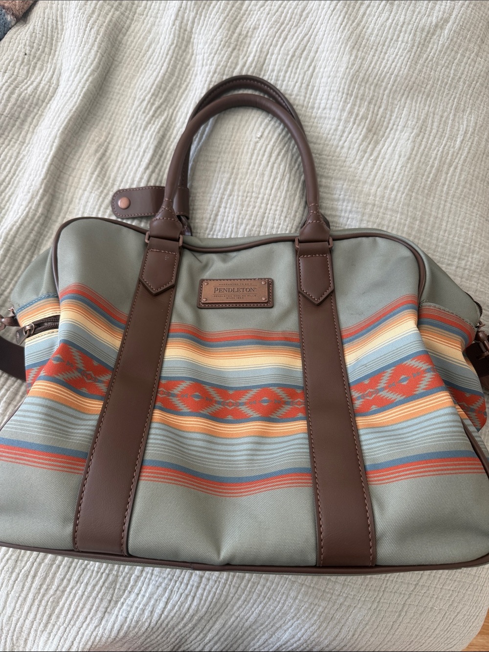 Pendleton Green Canvas Duffel with Multicolor Southwestern Stripe